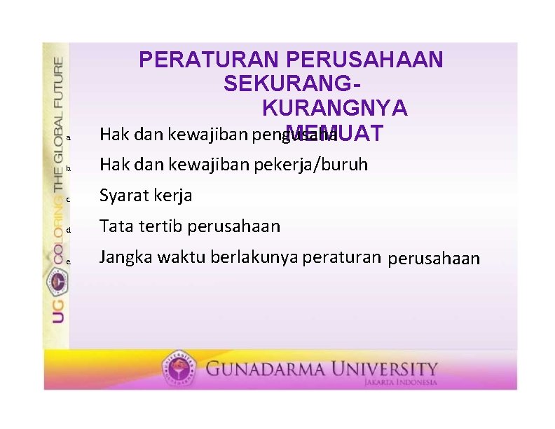 a. PERATURAN PERUSAHAAN SEKURANGNYA Hak dan kewajiban pengusaha MEMUAT b. Hak dan kewajiban pekerja/buruh