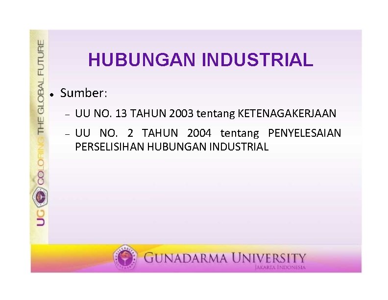 HUBUNGAN INDUSTRIAL Sumber: UU NO. 13 TAHUN 2003 tentang KETENAGAKERJAAN UU NO. 2 TAHUN