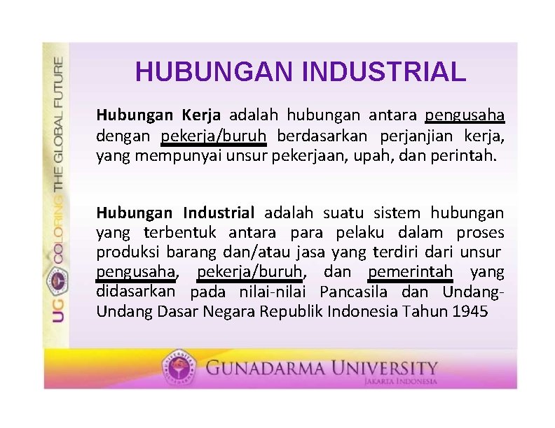 HUBUNGAN INDUSTRIAL Hubungan Kerja adalah hubungan antara pengusaha dengan pekerja/buruh berdasarkan perjanjian kerja, yang