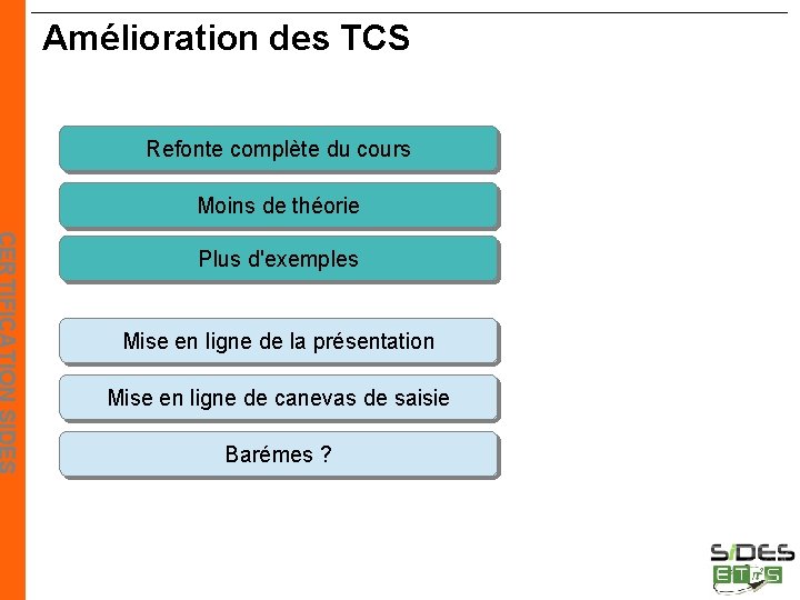 Amélioration des TCS Refonte complète du cours Moins de théorie Plus d'exemples Mise en