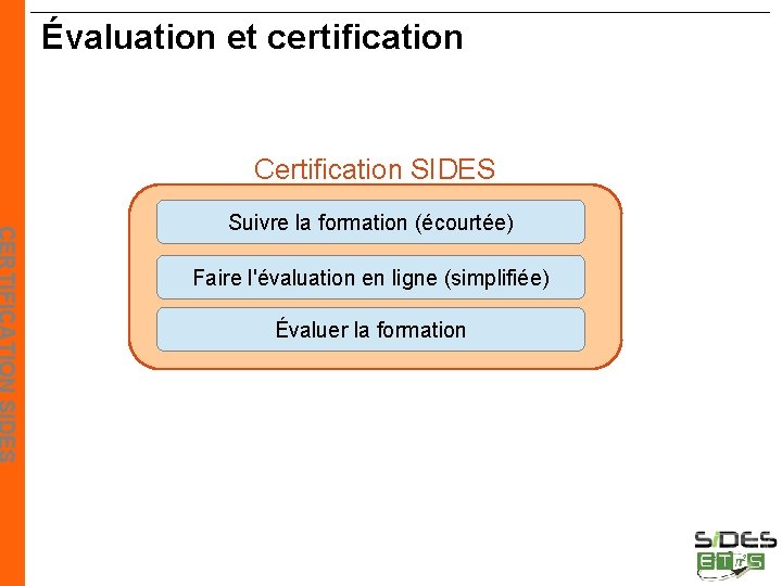 Évaluation et certification Certification SIDES Suivre la formation (écourtée) Faire l'évaluation en ligne (simplifiée)