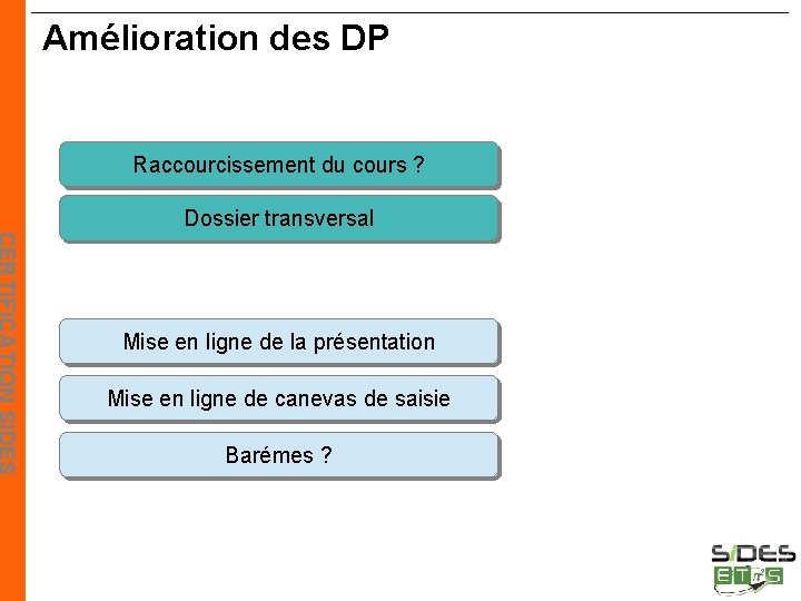 Amélioration des DP Raccourcissement du cours ? Dossier transversal Mise en ligne de la