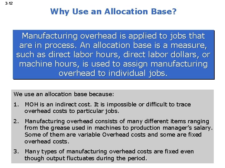 3 -12 Why Use an Allocation Base? Manufacturing overhead is applied to jobs that