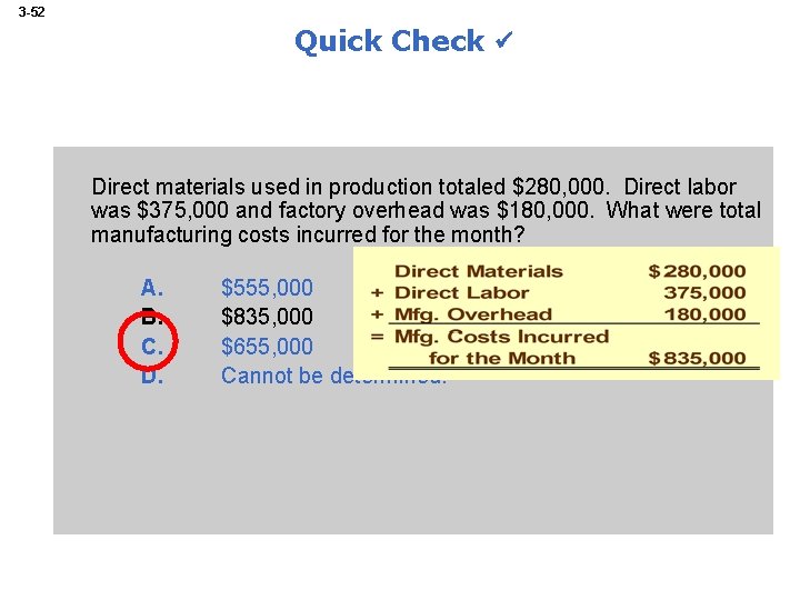 3 -52 Quick Check Direct materials used in production totaled $280, 000. Direct labor