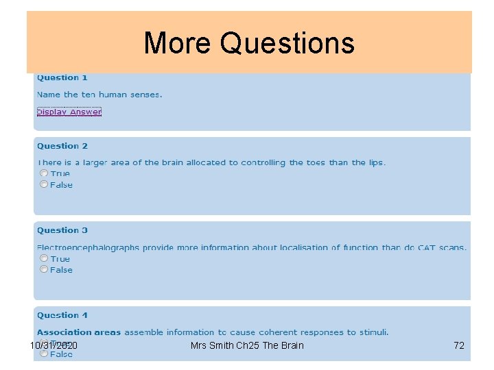 More Questions 10/31/2020 Mrs Smith Ch 25 The Brain 72 