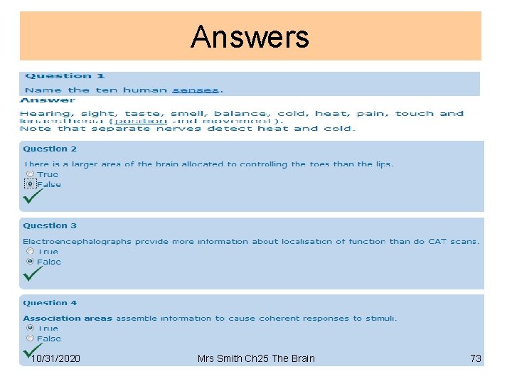 Answers 10/31/2020 Mrs Smith Ch 25 The Brain 73 