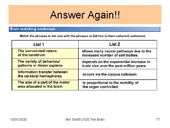Answer Again!! 10/31/2020 Mrs Smith Ch 25 The Brain 77 