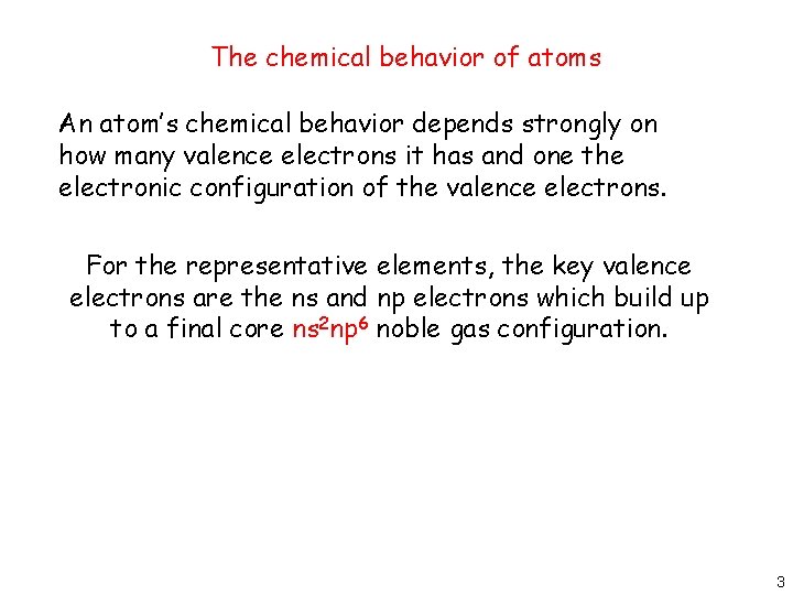 The chemical behavior of atoms An atom’s chemical behavior depends strongly on how many