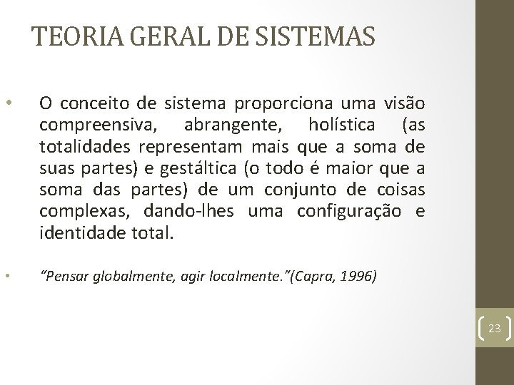 TEORIA GERAL DE SISTEMAS • O conceito de sistema proporciona uma visão compreensiva, abrangente,