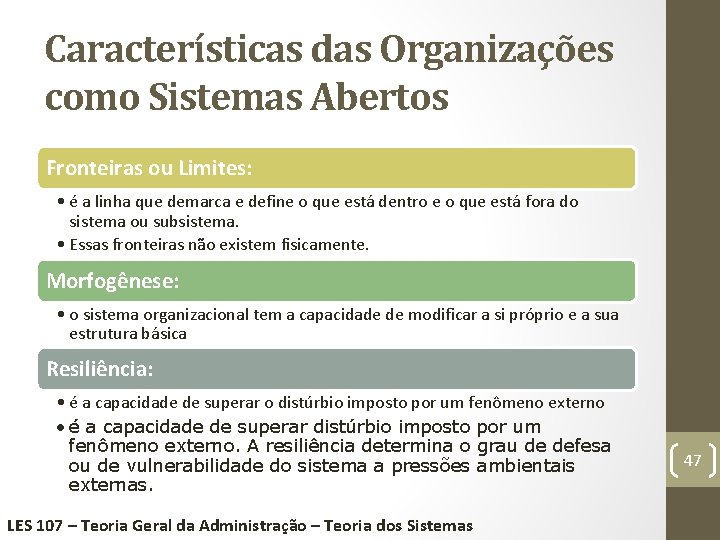 Características das Organizações como Sistemas Abertos Fronteiras ou Limites: • é a linha que