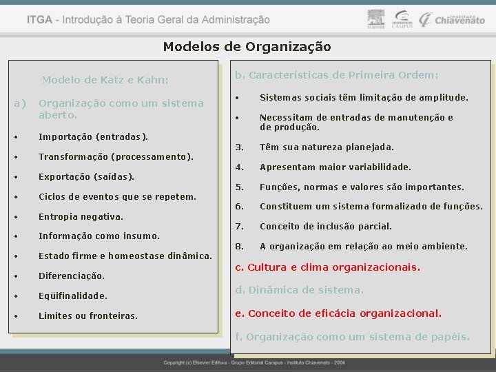 Modelos de Organização Modelo de Katz e Kahn: a) Organização como um sistema aberto.