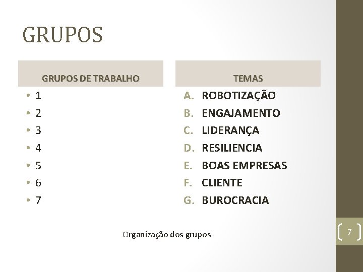 GRUPOS DE TRABALHO • • 1 2 3 4 5 6 7 TEMAS A.