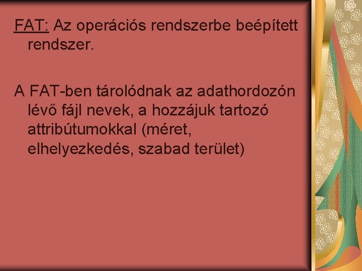 FAT: Az operációs rendszerbe beépített rendszer. A FAT-ben tárolódnak az adathordozón lévő fájl nevek,