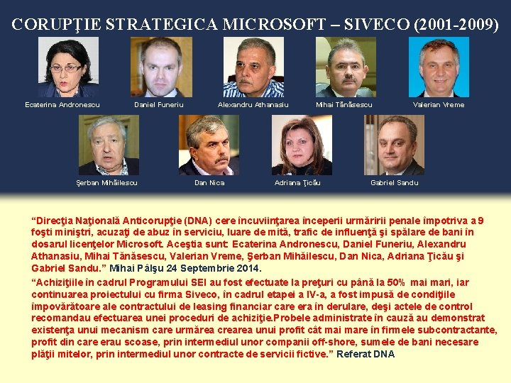 CORUPŢIE STRATEGICA MICROSOFT – SIVECO (2001 -2009) Ecaterina Andronescu Daniel Funeriu Şerban Mihăilescu Alexandru