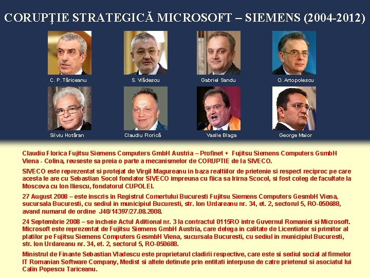 CORUPŢIE STRATEGICĂ MICROSOFT – SIEMENS (2004 -2012) C. P. Tăriceanu Silviu Hotăran S. Vlădescu