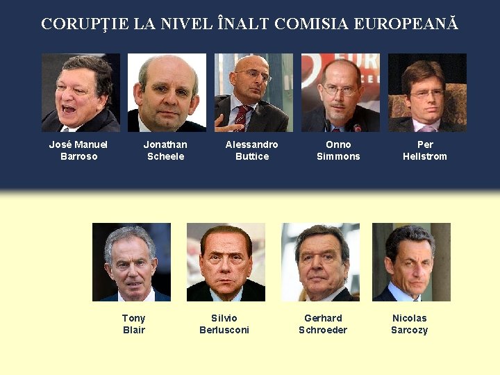 CORUPŢIE LA NIVEL ÎNALT COMISIA EUROPEANĂ José Manuel Barroso Jonathan Scheele Tony Blair Alessandro