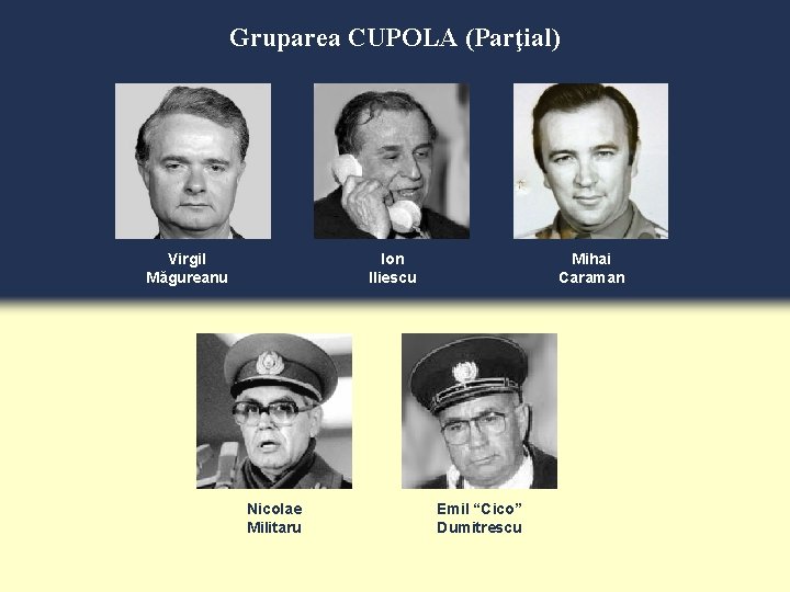 Gruparea CUPOLA (Parţial) Virgil Măgureanu Ion Iliescu Nicolae Militaru Mihai Caraman Emil “Cico” Dumitrescu