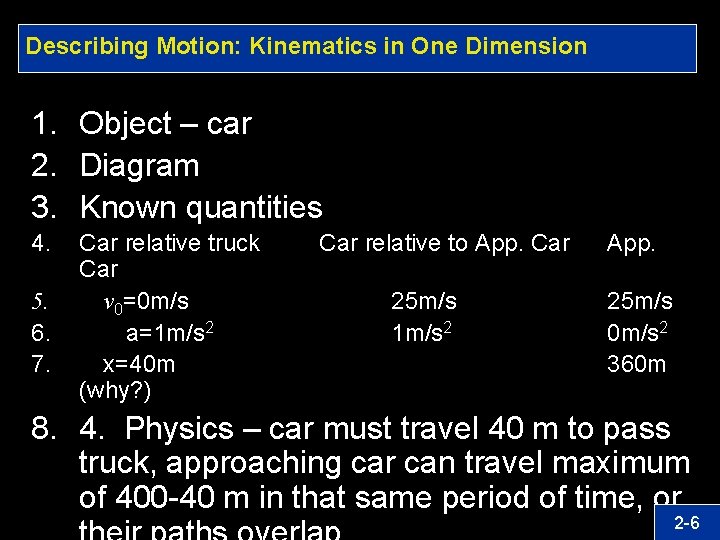 Describing Motion: Kinematics in One Dimension 1. Object – car 2. Diagram 3. Known