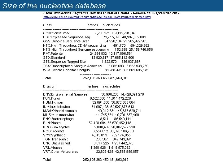 Size of the nucleotide database EMBL Nucleotide Sequence Database: Release Notes - Release 113