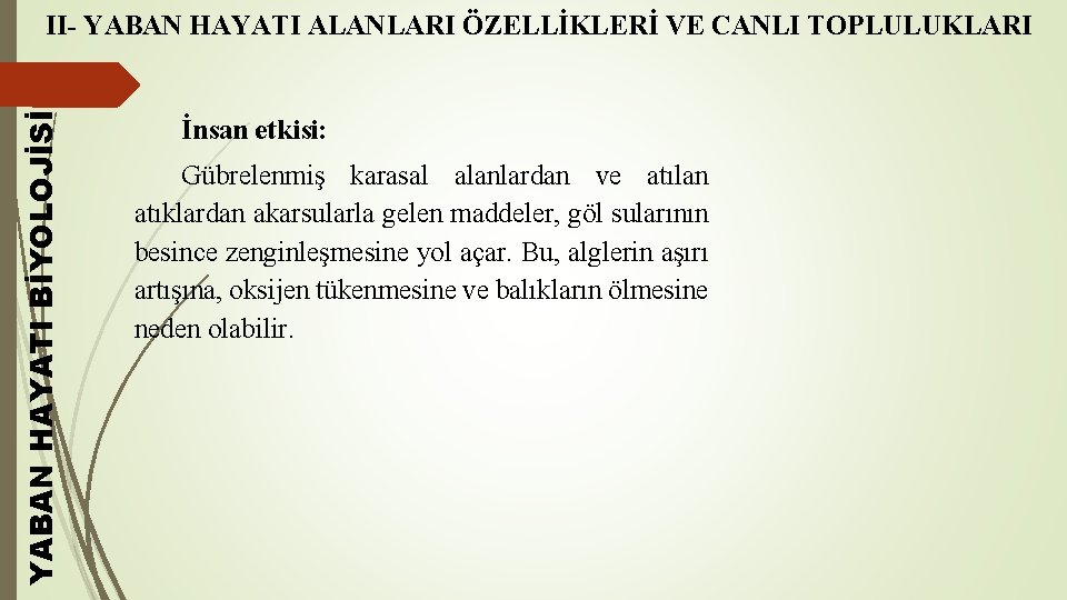 YABAN HAYATI BİYOLOJİSİ II- YABAN HAYATI ALANLARI ÖZELLİKLERİ VE CANLI TOPLULUKLARI İnsan etkisi: Gübrelenmiş