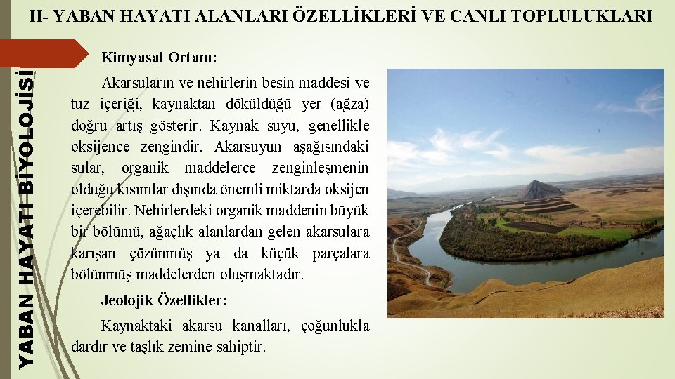 II- YABAN HAYATI ALANLARI ÖZELLİKLERİ VE CANLI TOPLULUKLARI YABAN HAYATI BİYOLOJİSİ Kimyasal Ortam: Akarsuların