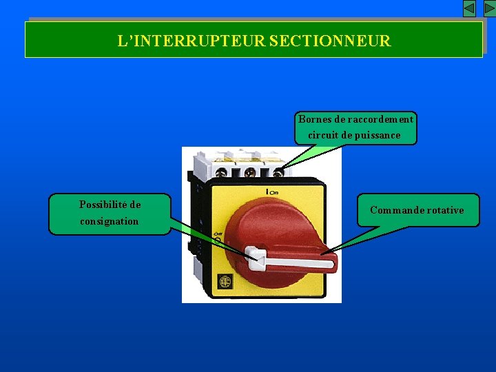 L’INTERRUPTEUR SECTIONNEUR Bornes de raccordement circuit de puissance Possibilité de consignation Commande rotative 