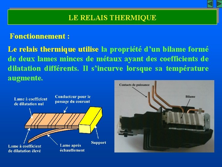 LE RELAIS THERMIQUE Fonctionnement : Le relais thermique utilise la propriété d’un bilame formé