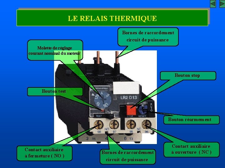 LE RELAIS THERMIQUE Bornes de raccordement circuit de puissance Molette de réglage courant nominal