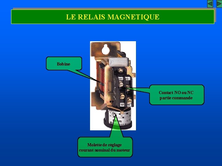 LE RELAIS MAGNETIQUE Bobine Contact NO ou NC partie commande Molette de réglage courant