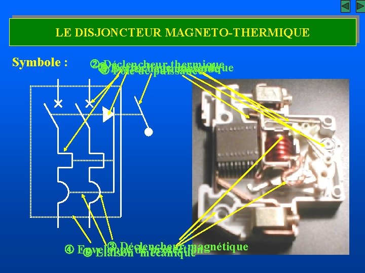 LE DISJONCTEUR MAGNETO-THERMIQUE Symbole : Déclencheur thermique Accrochage mécanique Levier de commande Pôle de