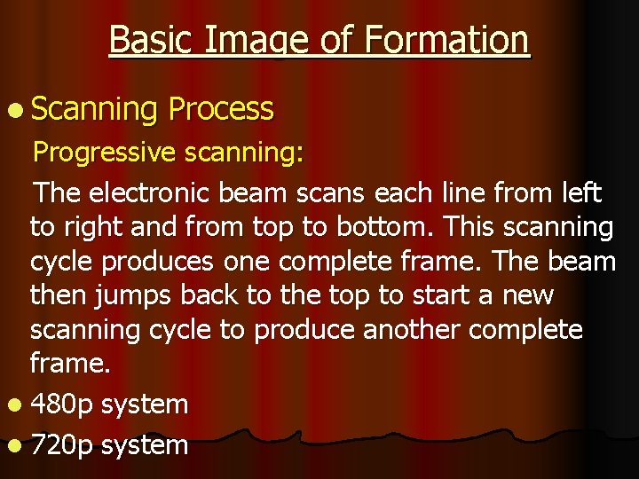 Basic Image of Formation l Scanning Process Progressive scanning: The electronic beam scans each