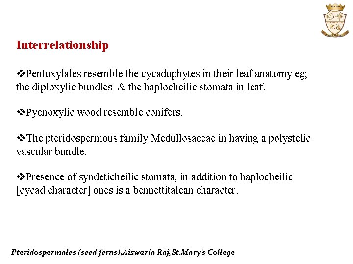 Interrelationship v. Pentoxylales resemble the cycadophytes in their leaf anatomy eg; the diploxylic bundles