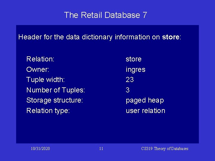 The Retail Database 7 Header for the data dictionary information on store: Relation: Owner: The Retail Database 7 Header for the data dictionary information on store: Relation: Owner: