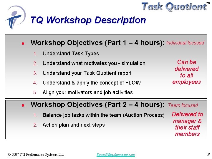 TQ Workshop Description l l Workshop Objectives (Part 1 – 4 hours): Individual focused