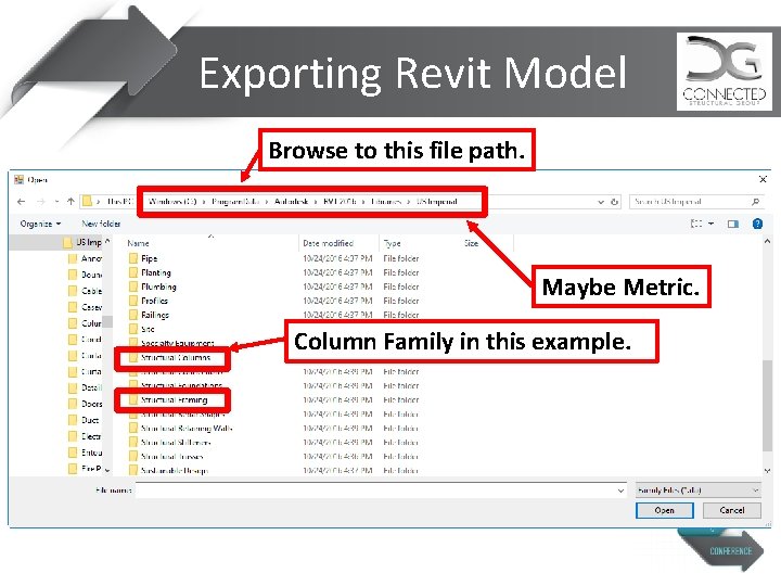 Exporting Revit Model Browse to this file path. Maybe Metric. Column Family in this