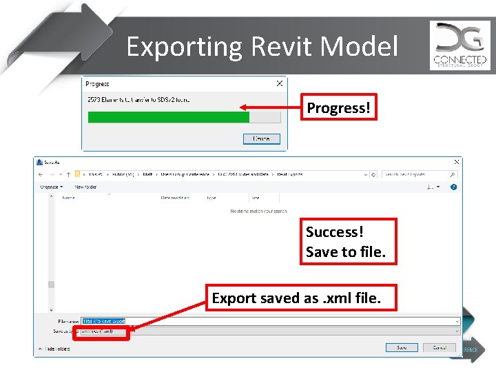 Exporting Revit Model Progress! Success! Save to file. Export saved as. xml file. 