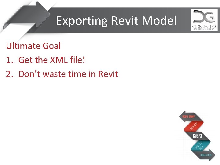 Exporting Revit Model Ultimate Goal 1. Get the XML file! 2. Don’t waste time