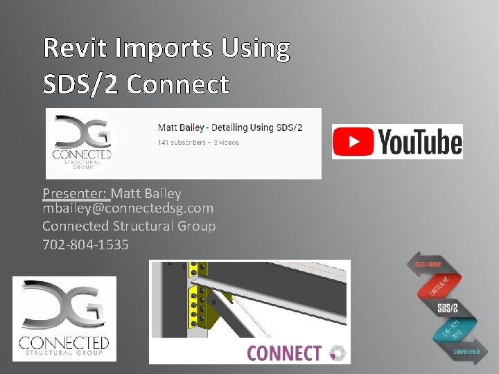 Revit Imports Using SDS/2 Connect Presenter: Matt Bailey mbailey@connectedsg. com Connected Structural Group 702