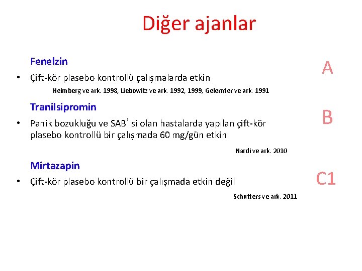 Diğer ajanlar Fenelzin A • Çift-kör plasebo kontrollü çalışmalarda etkin Heimberg ve ark. 1998,