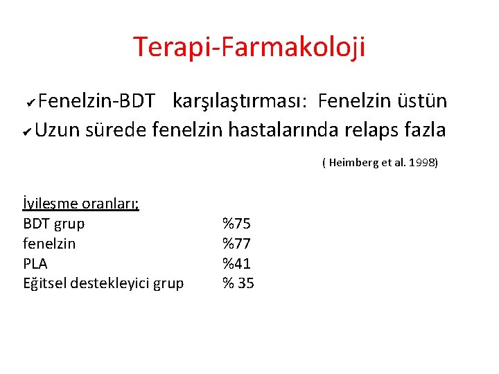 Terapi-Farmakoloji Fenelzin-BDT karşılaştırması: Fenelzin üstün Uzun sürede fenelzin hastalarında relaps fazla ( Heimberg et