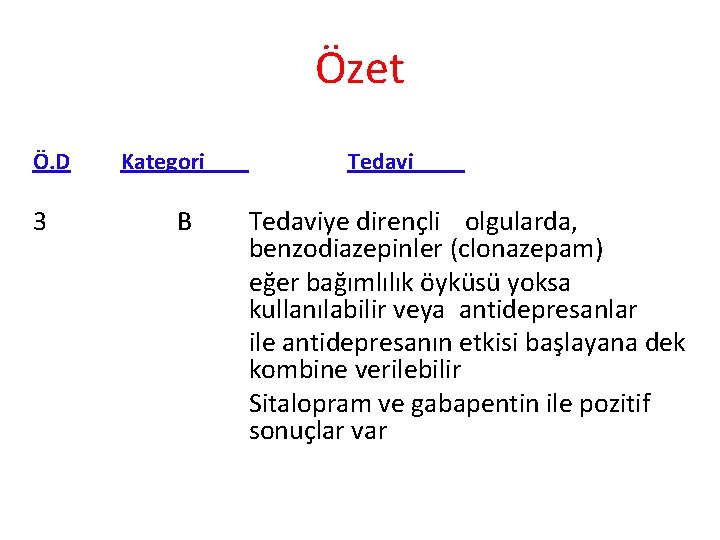 Özet Ö. D 3 Kategori B Tedaviye dirençli olgularda, benzodiazepinler (clonazepam) eğer bağımlılık öyküsü