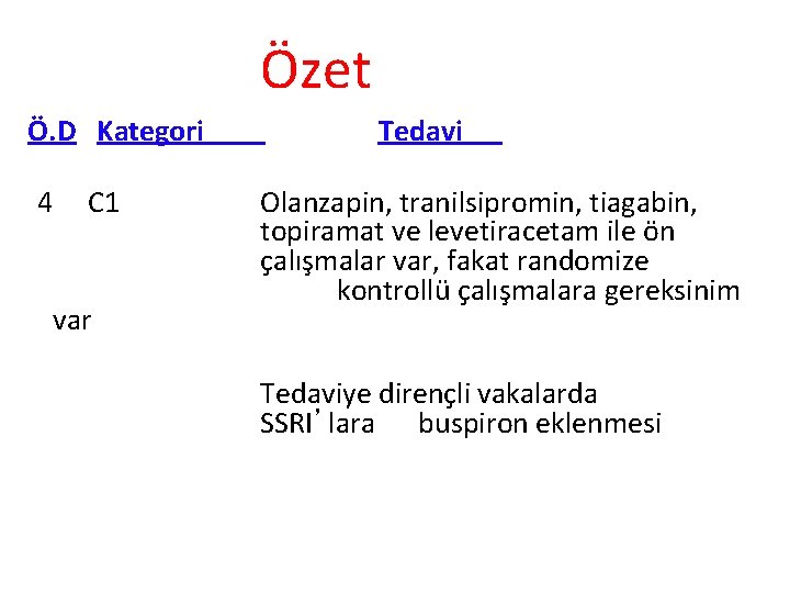 Özet Ö. D Kategori 4 C 1 var Tedavi Olanzapin, tranilsipromin, tiagabin, topiramat ve