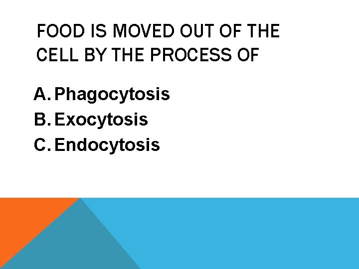 FOOD IS MOVED OUT OF THE CELL BY THE PROCESS OF A. Phagocytosis B.