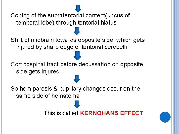 Coning of the supratentorial content(uncus of temporal lobe) through tentorial hiatus Shift of midbrain