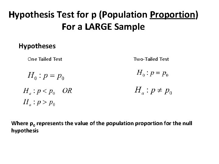 Hypothesis Test for p (Population Proportion) For a LARGE Sample Hypotheses One Tailed Test