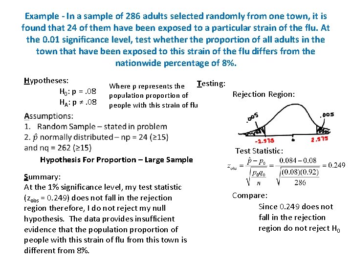 Example - In a sample of 286 adults selected randomly from one town, it