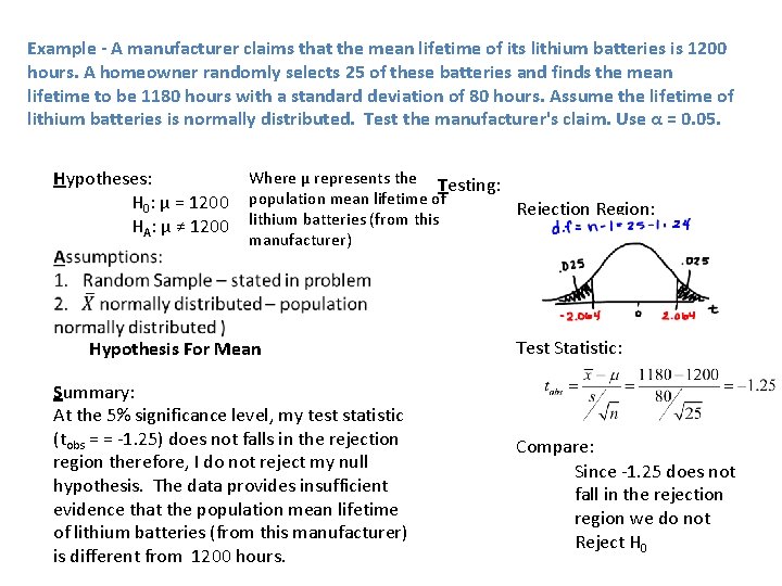 Example - A manufacturer claims that the mean lifetime of its lithium batteries is