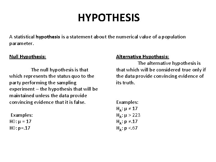 HYPOTHESIS A statistical hypothesis is a statement about the numerical value of a population