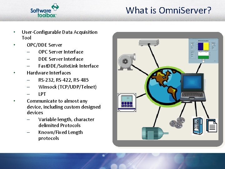 What is Omni. Server? • • User-Configurable Data Acquisition Tool OPC/DDE Server – OPC