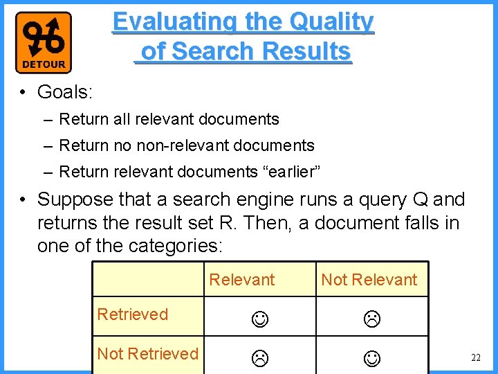 Evaluating the Quality of Search Results • Goals: – Return all relevant documents –